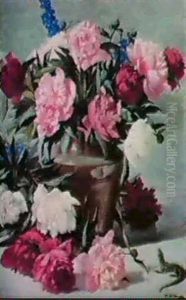 Peonies And Delphiniums In A Vase With A Lizard On A Stone  Ledge.