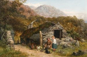 Figures And Chickens Before A Stonecottage