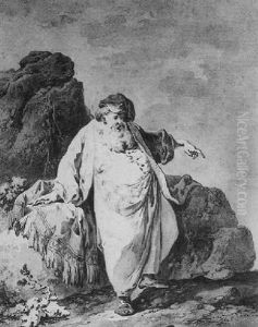Gestikulierender Dicker Mann In Orientalischer Kleidung Vor Kleiner Felsgruppe by Tiberius Dominikus Wocher