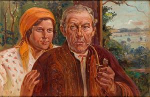 Goral Couple With Landscape by Wincenty Wodzinowski