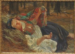 Polnische Bauerin In Tracht Bei Der Rast by Wincenty Wodzinowski