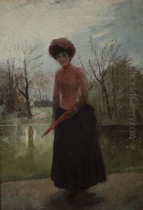 Elegant Lady In A Park by Jozef Wodzinski
