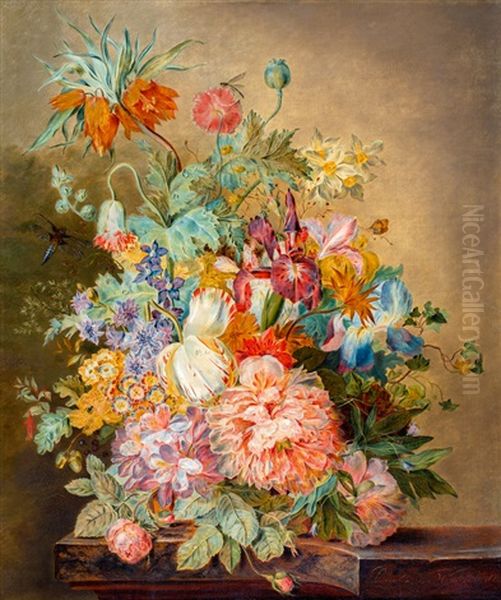 Pronkstilleven Met Blauwe Lis, Keizerskroon, Wilde Roos, Pioenen, Papaver, Primula En Een Libelle Op Een Marmeren Blad - view 1