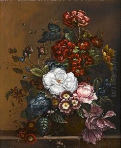 Roses, Primulae And Other Flowers On A Stone Ledge by Petronella Woensel