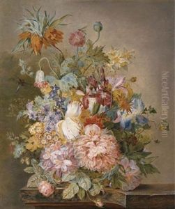 Tulips, Roses, Peonies, Irises And Other Flowers In An Urn On A Stone Ledge by Petronella Woensel