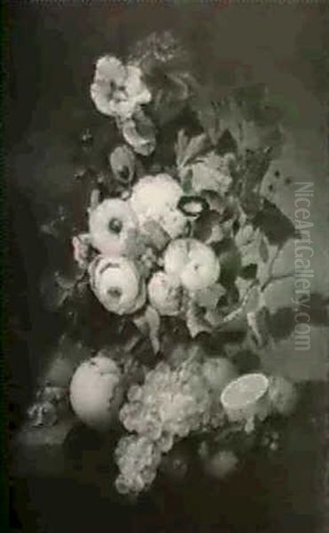 Still Life Of Roses Poppy Morning Glories Variagated Tulips Hibiscus Grapes Peaches Oranges Red Currants All On A Drape - view 1