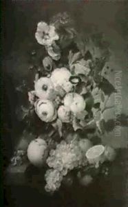 Still Life Of Roses Poppy Morning Glories Variagated Tulips Hibiscus Grapes Peaches Oranges Red Currants All On A Drape by Petronella Woensel