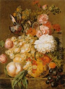 A Still Life Of Flowers And Fruit On A Stone Ledge by Petronella Woensel