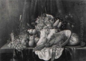 Stilleben Mit Fruchten, Hummer, Weinglas Und Brot by Nicolas Wokos