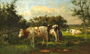 Cows Grazing In A Sun-dappled Meadow by Herman Gerhardus Wolbers