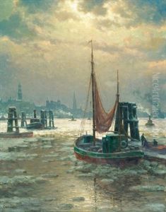 Abendliche Hafenpartie In Hamburg by Paul Wolde