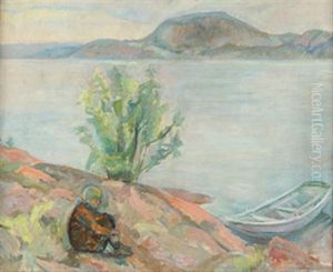 Kystlandskap Med Sittende Pike Og Robat by Oluf Wold-Torne