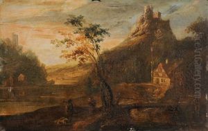 Felsige Flusslandschaft Mit Zwei Burgruinen by Caspar Wolf