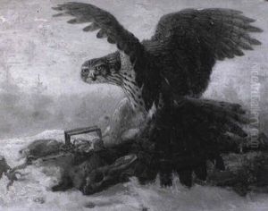 An Immature Goshawk Caught In A Snare by Josef Wolf
