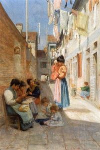 Reed Flower Workers, Street Scene In Venice by Otto Friedrich Wolf