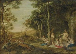 The Death Of Actaeon, With Diana And Her Nymphs In A Wooded Landscape by Artus Wolfaerts