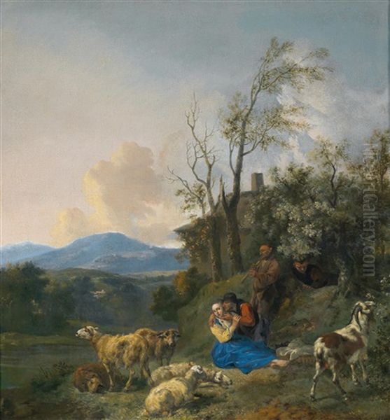 Hirten Mit Ihrer Herde Vor Weiter Landschaft - view 1