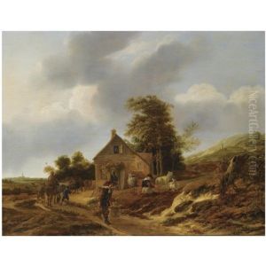 A Dune Landscape With A Peasant Woman Milking Sheep Outside A Farmhouse, A Water Carrier And A Shepherd With His Cattle On A Path, A View Of The Saint Bavo Church In Haarlem Beyond