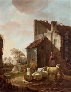 Eine Frau, Die Einen Krug In Der Hand Halt, Mit Schafen Vor Einem Bauernhaus by Jan Baptist Wolfaerts