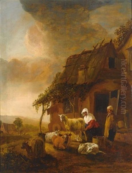 A Shepherdess Milking Sheep Near A Farmhouse - view 1