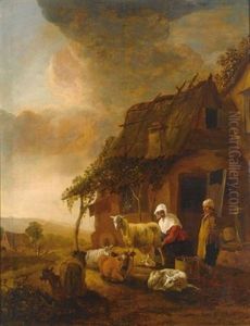 A Shepherdess Milking Sheep Near A Farmhouse