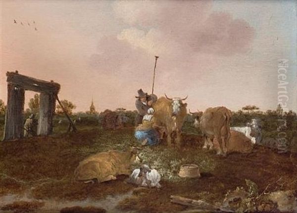 A Milkmaid, Herder And Cattle In A Field - view 1