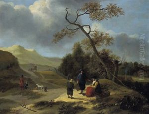 Rastende Bauern Und Reisende In Einer Hugeligen Landschaft by Jan Baptist Wolfaerts
