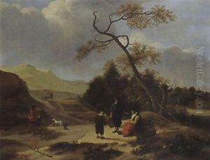 A Dune Landscape With Huntsmen With Their Dogs And A Peasant Family Along The Road, A Bleaching Ground Beyond by Jan Baptist Wolfaerts