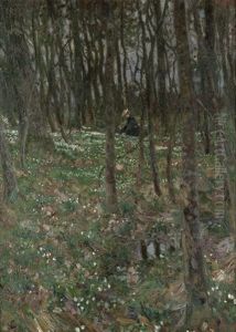 Vorfruhling: Junge Frau Beim Blumen Pflucken Im Wald by Eugen Wolff