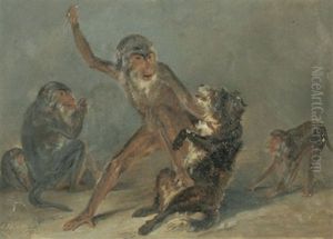 Affen Im Kampf Mit Einem Hund by Friedrich Anton (Hundewolf) Wolff