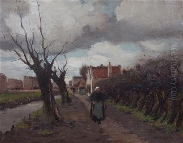 Woman Walking Along Tree-lined Road - view 1