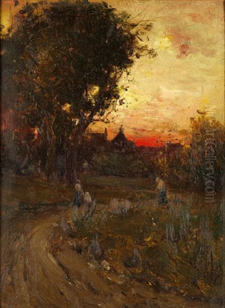 Blick Vom Waldrand Auf Gebaude Im Sonnenuntergangslicht Mit Figurenstaffage - view 1