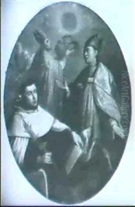 Monch In Schwarzer Tunika Und Weissem Skapulier Mit Palmwedel, An Dem Drei Kronen Aufgesteckt Sind by Johann Andreas Wolff