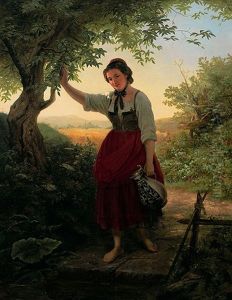 Madchen In Hessischer Tracht Mit Krug In Sommerlicher Erntelandschaft Madchen In Hessischer Tracht Mit Krug In Sommerlicher Erntelandschaft