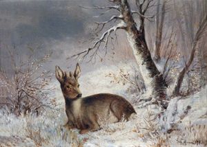 Rehbock In Winterlandschaft by Joseph Wolfram