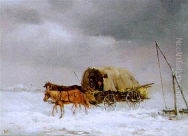 Winterliche Fluslandschaft Mit Planwagen - view 1