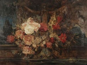 Blumenbouquet Vor Einem Brunnen by Friedrich Ernst Wolfrom