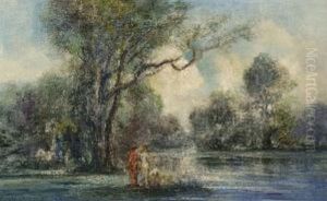 Badende Am Waldteich by Friedrich Ernst Wolfrom