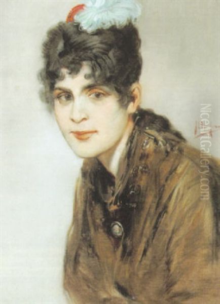 Portrait Einer Eleganten Brunetten Dame Im Stil Des Fin De Siecle - view 1