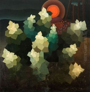 Composition With Trees And Red Sun by Hubert Wolfs