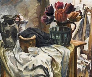 Stillleben Mit Einem Tulpenstraus Und Tonkrugen by Hubert Wolfs