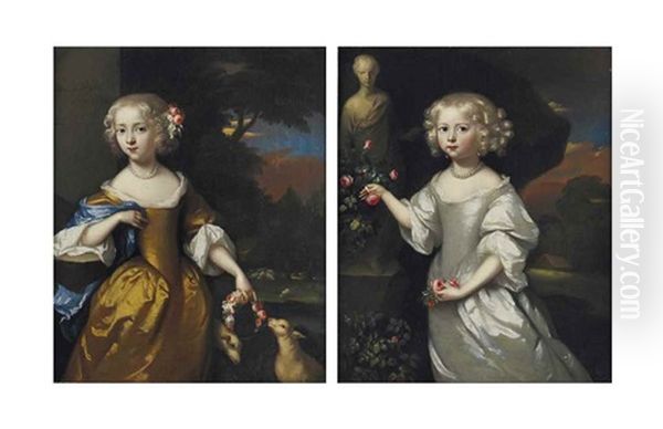 Portrait Of A Girl, Three-quarter-length, In A Oyster Satin Dress, Beside A Statue In A Landscape; And Portrait Of A Girl, Three-quarter-length, In A Gold Dress And Blue Wrap - view 1