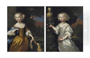 Portrait Of A Girl, Three-quarter-length, In A Oyster Satin Dress, Beside A Statue In A Landscape; And Portrait Of A Girl, Three-quarter-length, In A Gold Dress And Blue Wrap