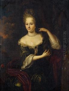 Portrait Of A Lady In A Green Dress With A Red Silk Wrap, Seated Before A Landscape by Aleijda Wolfsen
