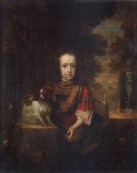 Portrait Of A Young Boy With A Spaniel, An Ornamental Garden Beyond - view 1