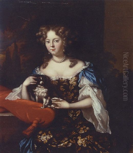 Portrait Of A Lady In A Blue Dress With Embroidered Flowers, Her Arm Resting On A Red Cushion, With A Spaniel - view 1