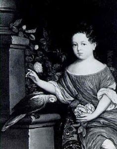 A Portrait Of A Young Lady Seated On A Oriental Rug Holding A Posy Of Roses, A Macaw Perched On A Stone With A Plinth At Her Side