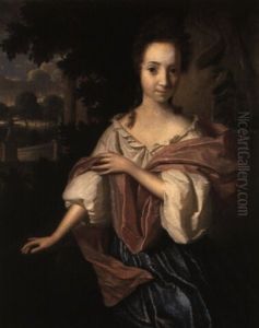 Portrait Of A Lady In A White Chemise By A Fountain In A Garden