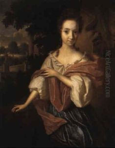 Portrait Of A Lady, In A Blue Dress And Pink Shawl, By A Fountain In A Garden