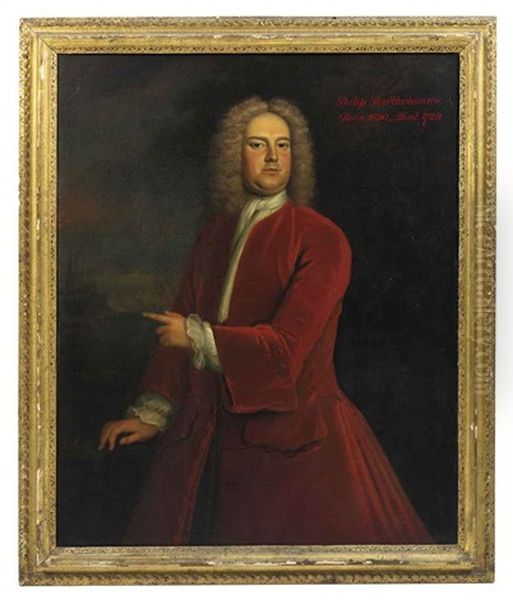 Portrait Of Philip Bartholomew In A Red Coat And White Stock, Standing In A Landscape, Pointing To A Church Beyond - view 1